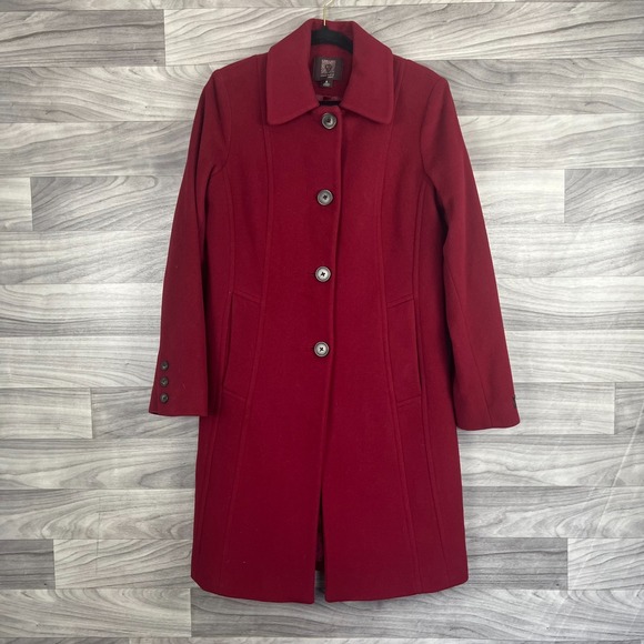 Anne Klein Long Coat Women's Size 8 Red Wool Blend Single Vented Outdoor Travel - Picture 1 of 16